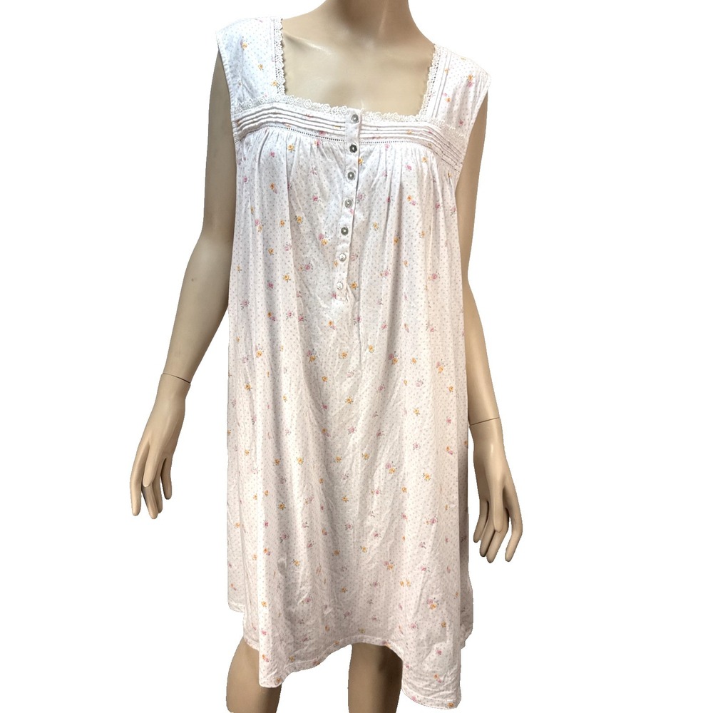 Eileen West Floral Sleeveless Short Nightgown Size 3X Cotton Knit 1/2 Button